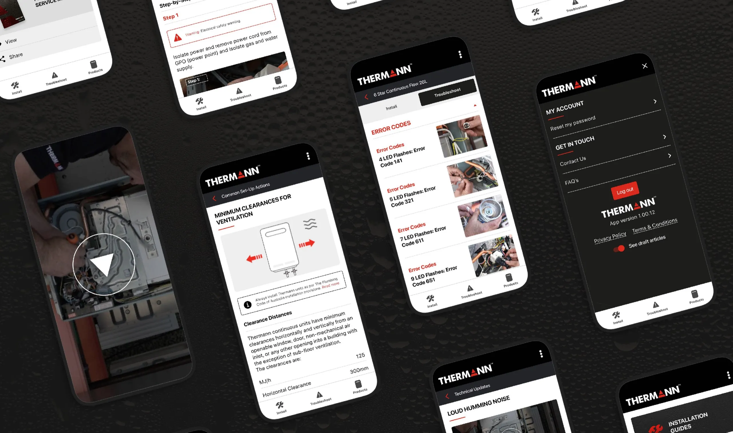 Screens from the Thermann app for tradies, showing installation steps, ventilation clearances, error codes and installation guides