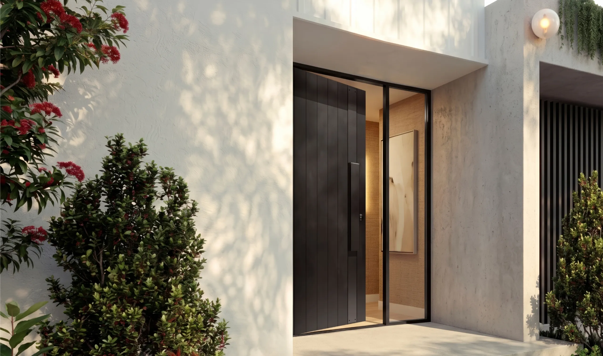 A black pivot front door with a sidelight set into a rendered concrete entry, framed by a red-flowering tree in dappled sunlight