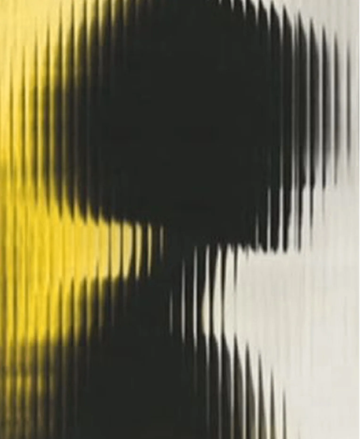An abstract, blurred silhouette of a head seen through fluted glass, black against bands of yellow and white