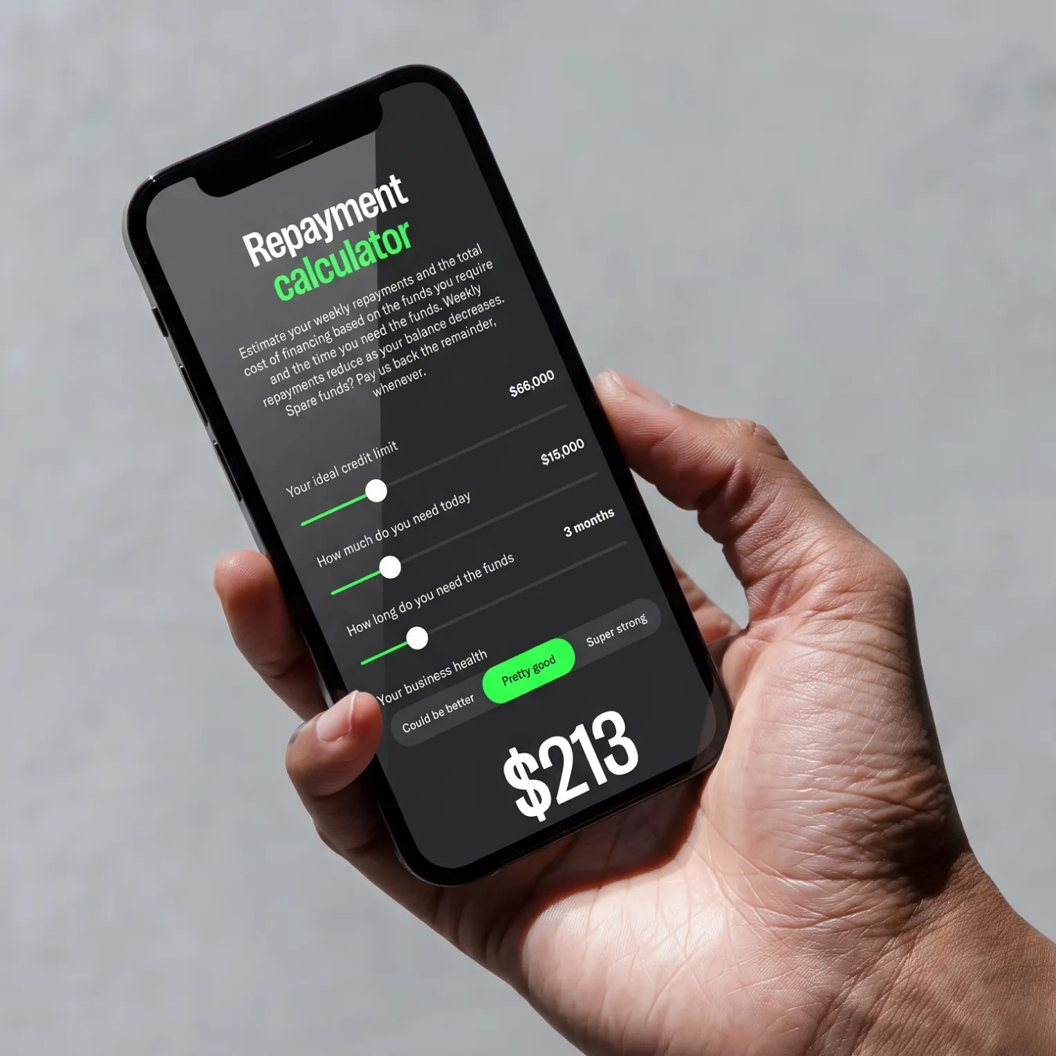 A phone showing Laddr’s repayment calculator, with sliders for credit limit, amount needed today and term, and a weekly repayment of $213