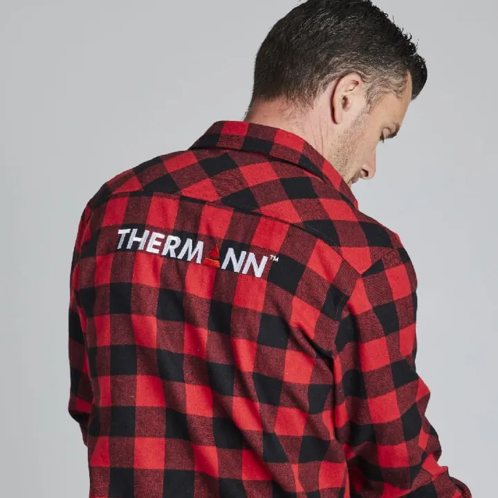 A man seen from behind in a red and black flannel shirt with the Thermann logo across the shoulders