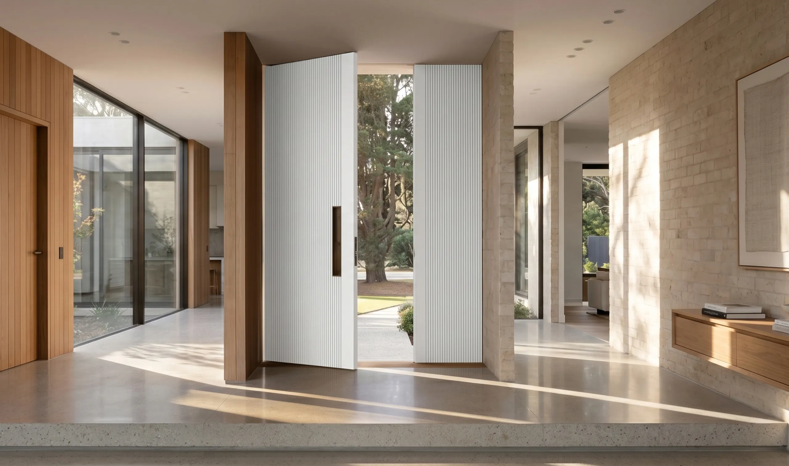 A pair of tall white ribbed pivot doors standing open between timber columns in a sunlit stone-floored entry hall