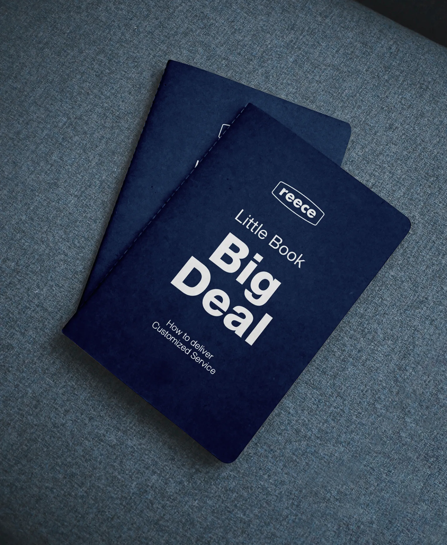 Two navy Reece booklets on a grey felt surface, the top one titled “Little Book Big Deal: How to deliver Customized Service”
