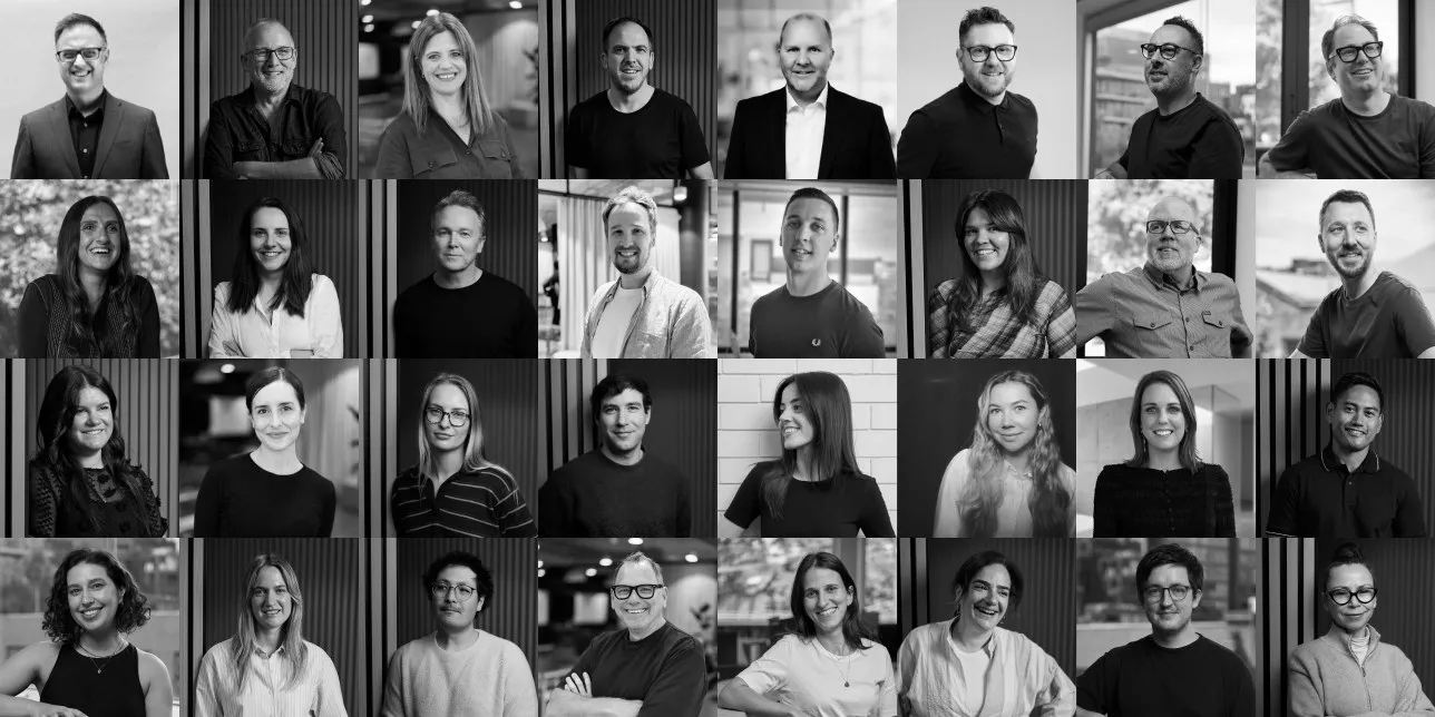 Black-and-white portraits of the Trout team in a grid