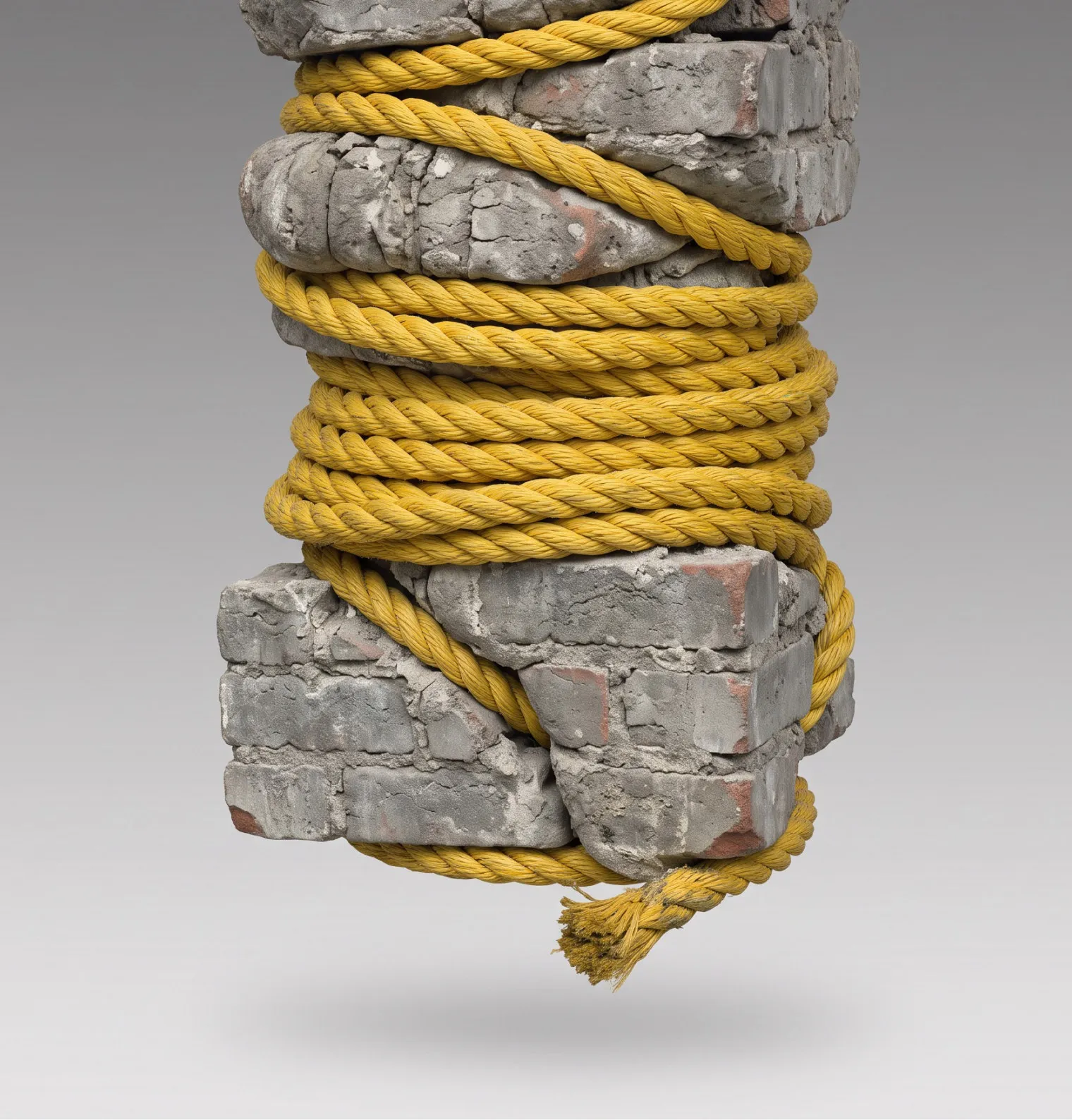 A stack of broken bricks bound with yellow rope, floating against a grey backdrop
