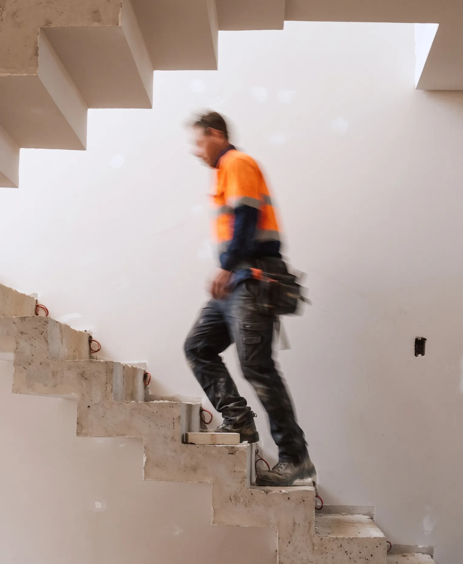 A tradie in a hi-vis shirt walking up a raw concrete staircase