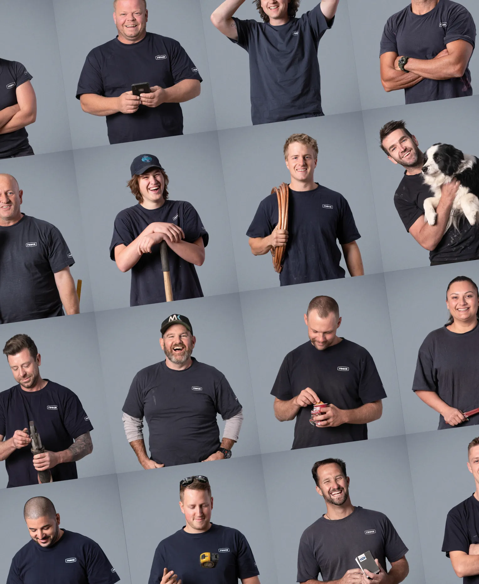 A grid of portraits of Reece team members in navy Reece t-shirts, one holding a black-and-white dog