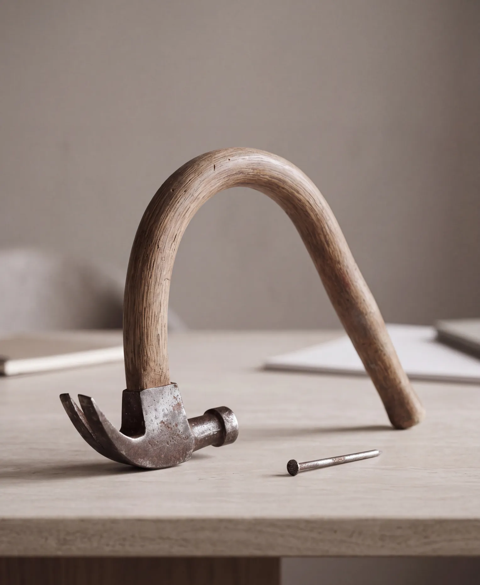 A hammer with its wooden handle bent into an arch, beside a nail on a desk