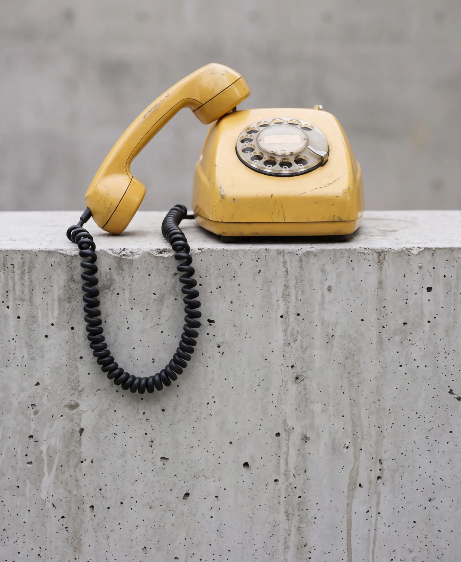 A yellow rotary phone off the hook on a concrete wall